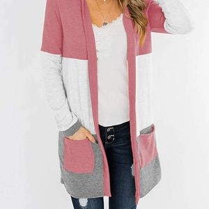 Womens Casual Open Front Cardigans Color Block Long Sleeve Loose Knit